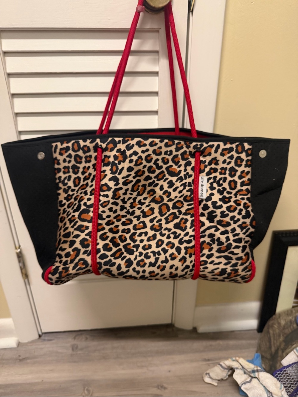 Leopard Print Tote with Red Handles